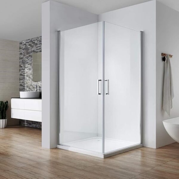 Bi-swing double hinged shower door showing inward and outward 180 degree opening