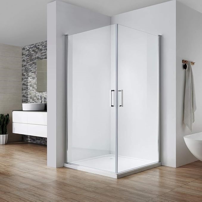 Bi-swing double hinged shower door showing inward and outward 180 degree opening